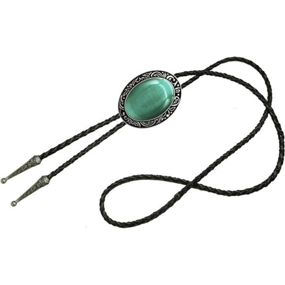 Bolo Tie Natural Colors Stone Emerald Cat Eye - Picture 2 of 5